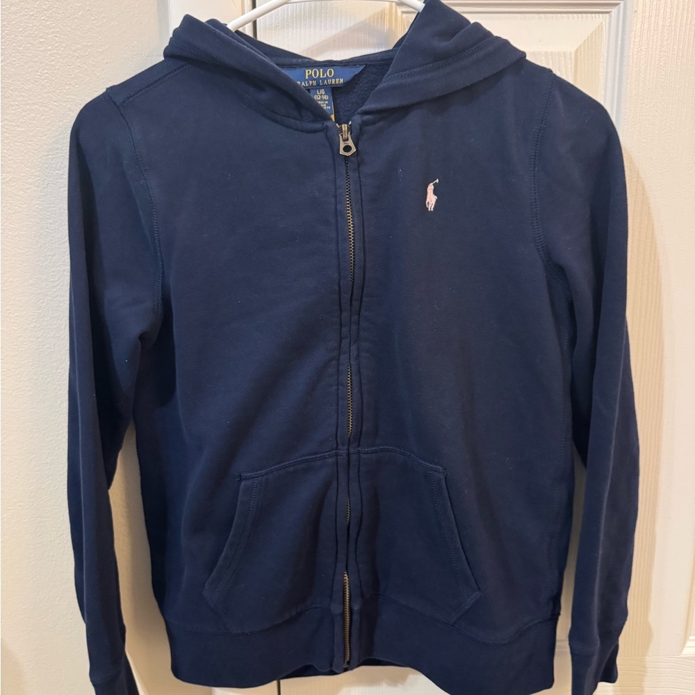 Polo Ralph Lauren Boys Navy Full Zip Hoodie Sweatshirt Size L 12-14 Pony Logo